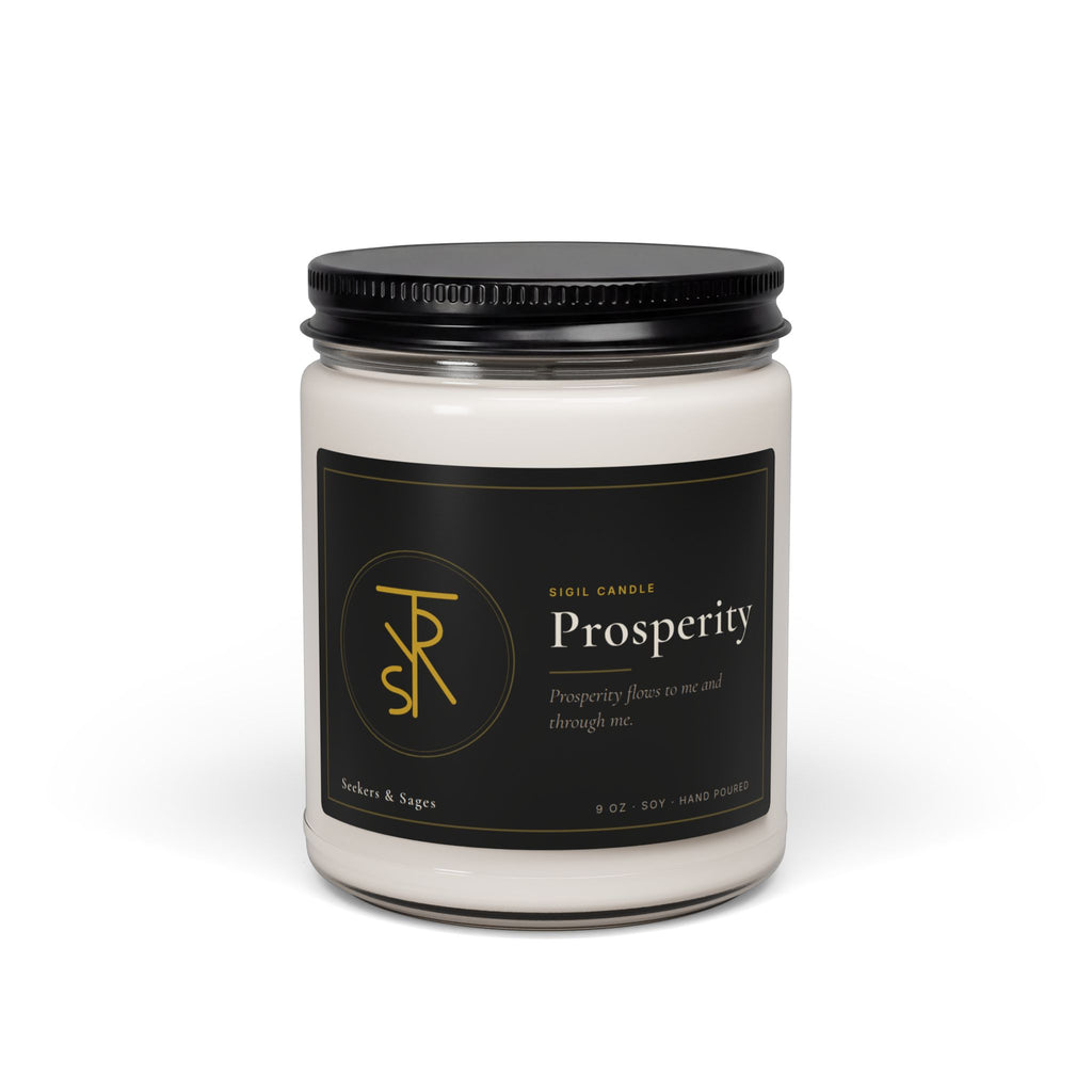 Prosperity soy candle shown from above with the lid removed
