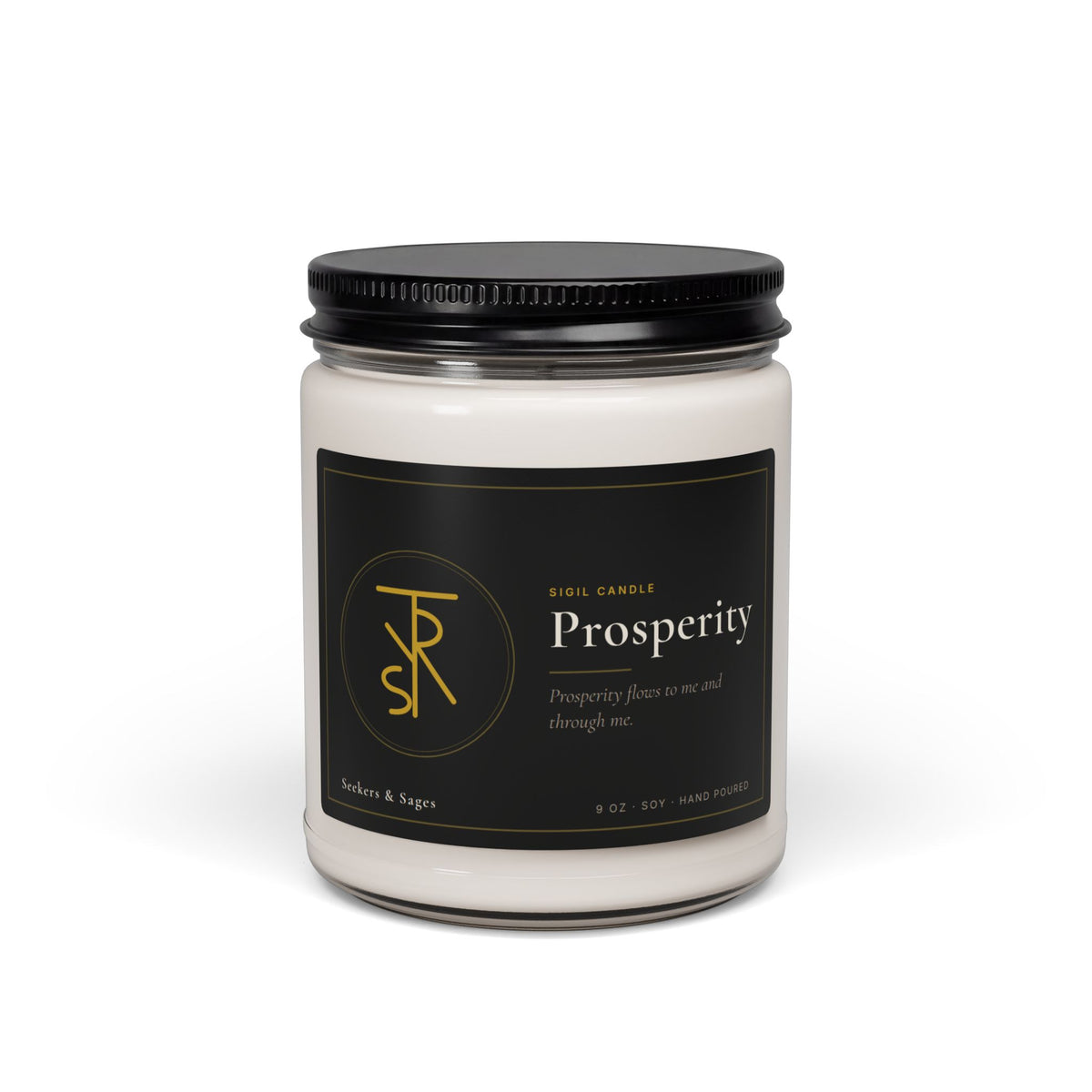 Prosperity soy candle shown from above with the lid removed